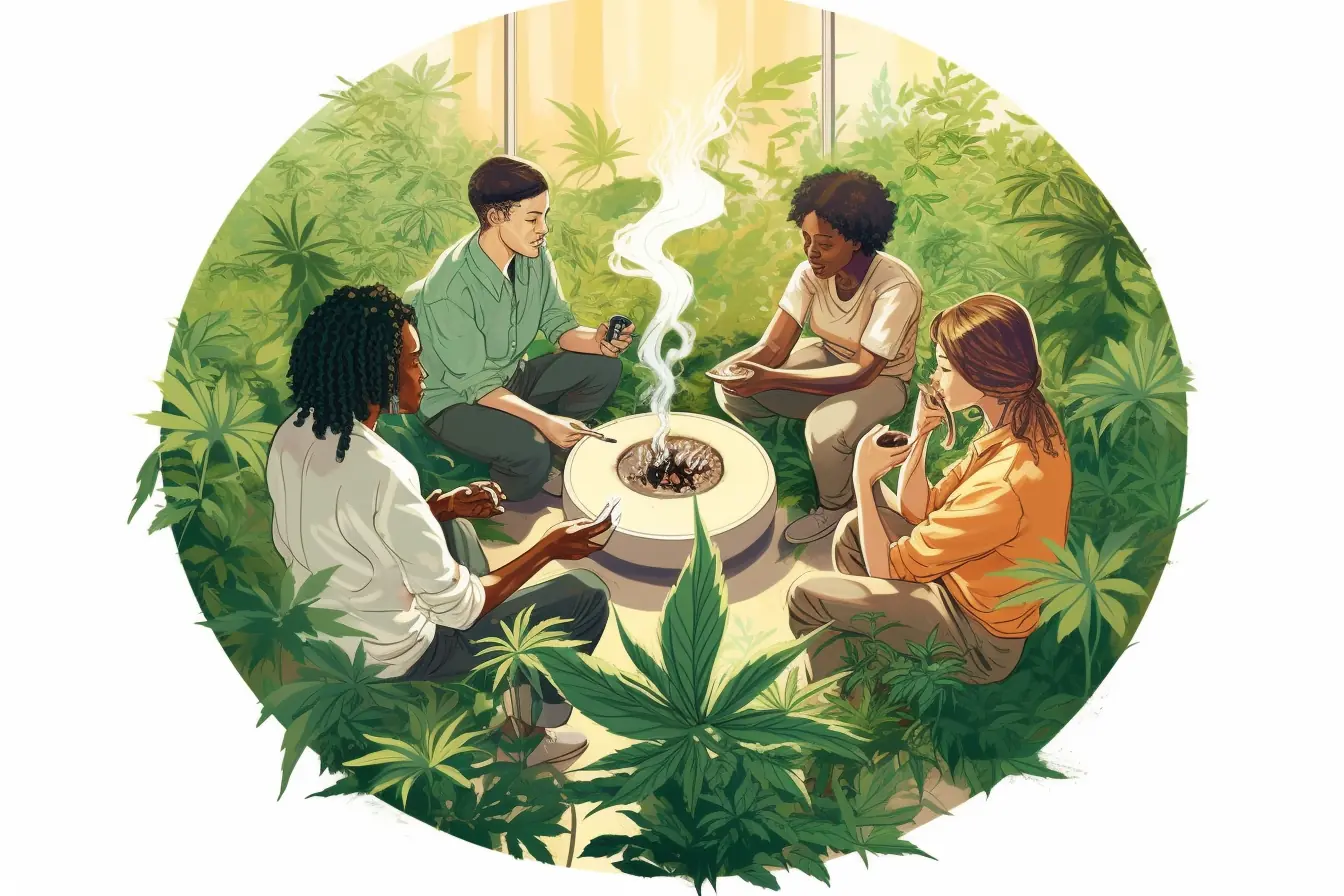 Die Blätter der Hanfpflanze sind das Markenzeichen des Cannabis Social Club in Bremen. Die Mitglieder stehen im Kreis um sie. Das Emblem des Cannabis Social Clubs in Bremen ist ein Kreis aus Cannabisblättern, der zum lässigen Rauchen animiert.
