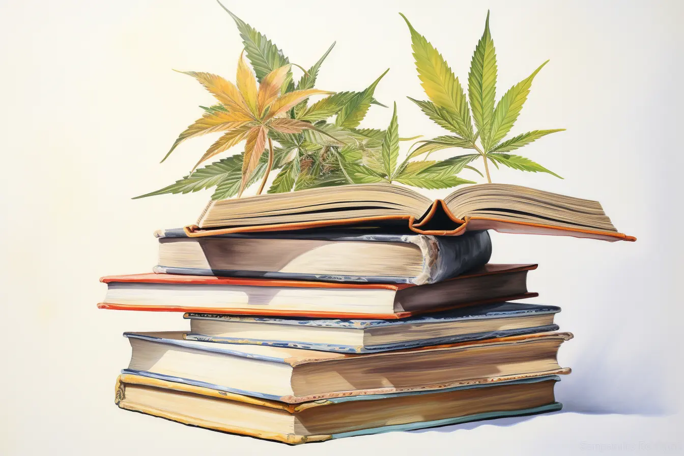 Die Abwechslung von Wissen und Natur wird durch eine attraktive Kombination aus Büchern und Cannabisblättern illustriert. Cannabis, eine Pflanze mit vielen Namen, verdeckt bunte Bücher, die das Lesen anregend machen.