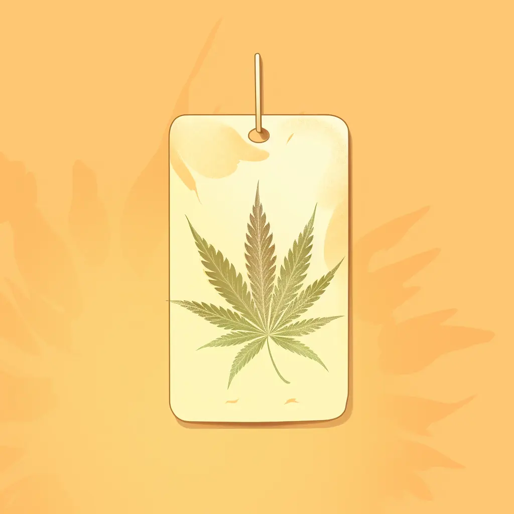 Neben einem Preisschild strahlt ein Cannabisblatt in hellen Farben Das Kennzeichen des netten Cannabis-Social-Clubs in Bremen ist ein Preisschild mit einem attraktiven Cannabisblatt in Pastellfarben.