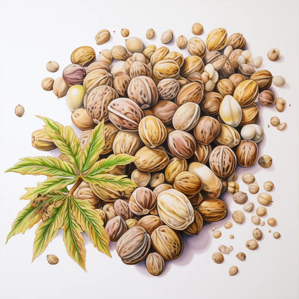 Eine Illustration mit einem realistischen Charakter von Cannabis-Samen in zarten Farben Cannabis-Samen bedecken eine helle Fläche lückenlos.
