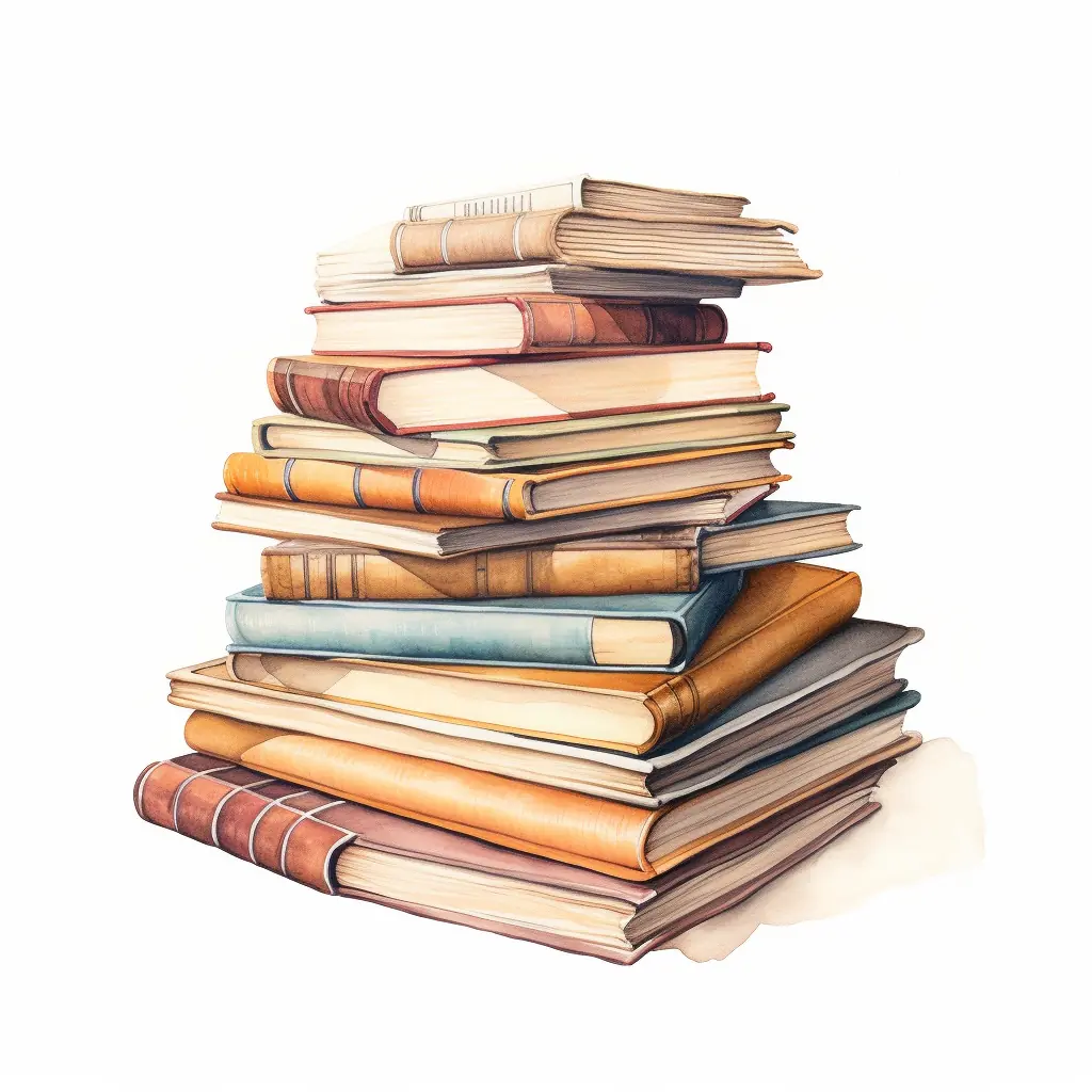 Eine Illustration aus einem Stapel von Büchern in zarten Farben zeigt die Verschmelzung von Realität und Fantasie. Auf einem weißen Hintergrund befindet sich ein Berg von Büchern in der Stadt.