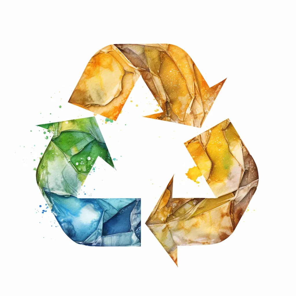 Ein Recycling-Symbol, das halb real, halb gezeichnet ist, zeigt Umweltschutz auf eine künstlerische Art und Weise in sanften Farben. Auf einem weißen Hintergrund hebt sich ein Recycling-Zeichen in einer auffälligen Farbe ab und lenkt die Aufmerksamkeit auf sich.
