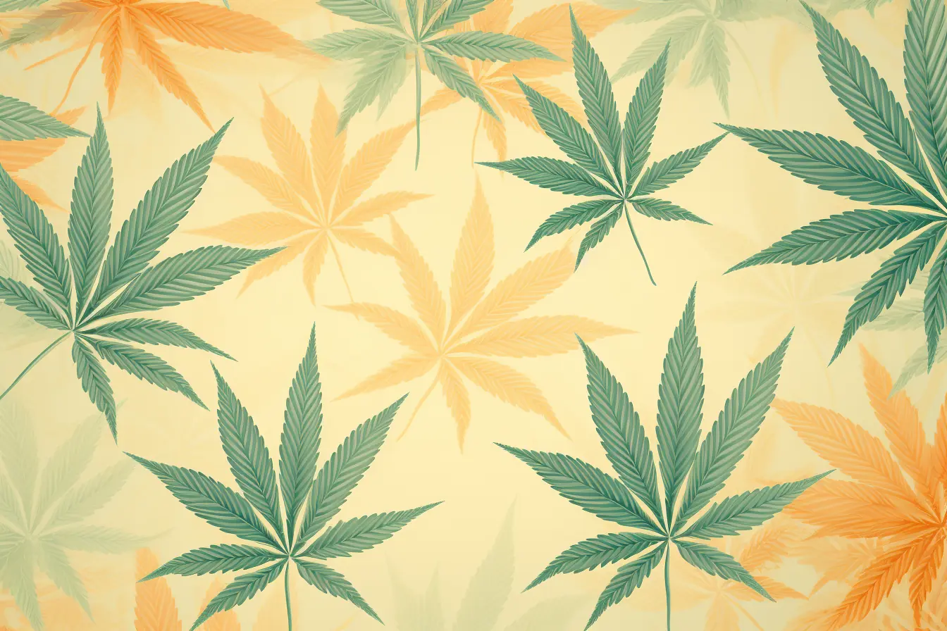 Cannabisblätter in zarten Pastelltönen schmücken das Design mit einem leichten Muster. Mit einem feinen Muster aus Blättern der Hanfpflanze ist der helle Hintergrund des Cannabis Social Club in Bremen verziert.